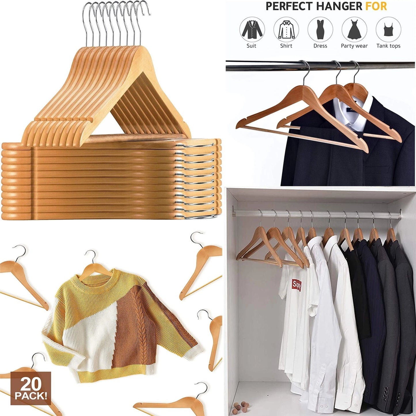 20 X NATURAL WOODEN HANGERS COAT SUIT GARMENT CLOTHES WARDROBE WOOD HANGER