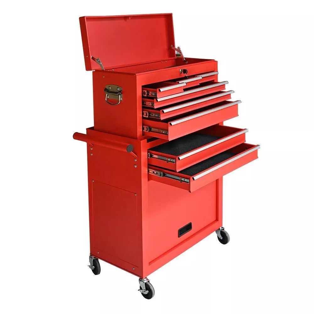 Tool Cart & Chest Combo Set 10 Compartments Trolley Lockable Case On Wheels
