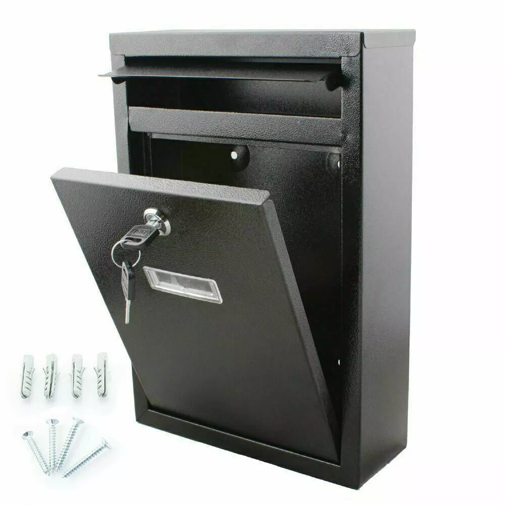 Wall Mounted Mail Letter Box Lockable Black Steel Post Mailbox Large Postbox