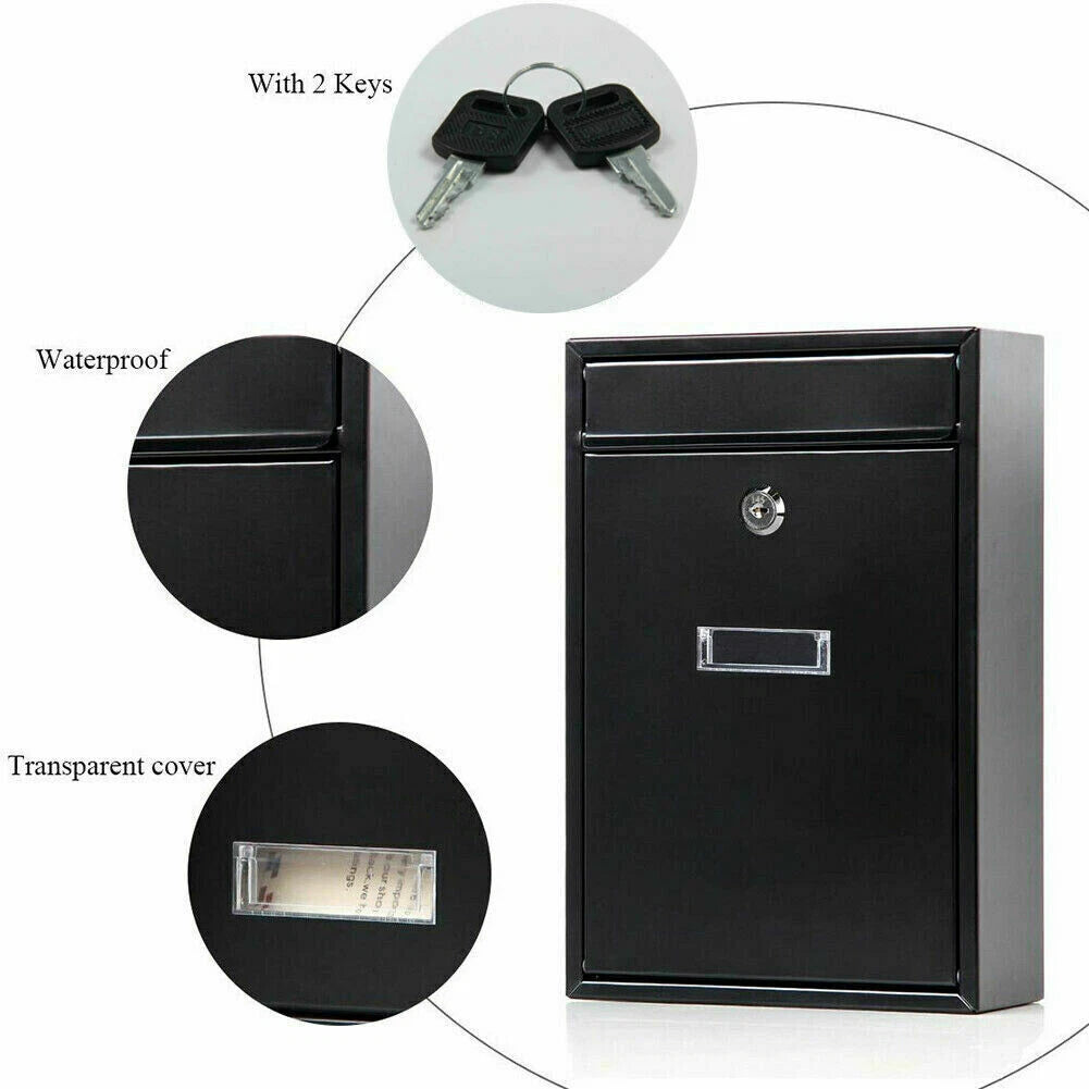 Wall Mounted Mail Letter Box Lockable Black Steel Post Mailbox Large Postbox