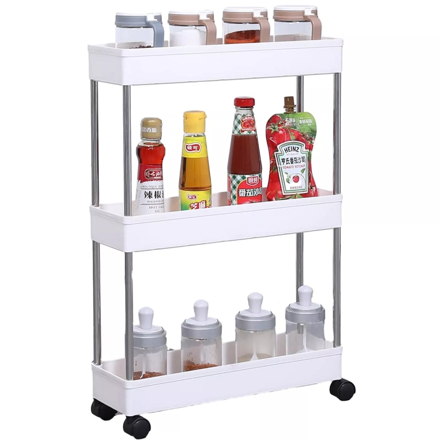 SLIM KITCHEN BATHROOM SLIDER TROLLEY STORAGE SPICE RACK HOLDERS SHELF ON WHEELS
