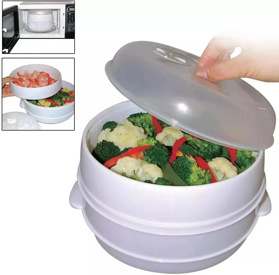 2Tier Microwave Steamer Vegetable Cooker Healthy Pasta Rice Fish Cooking Pot Pan