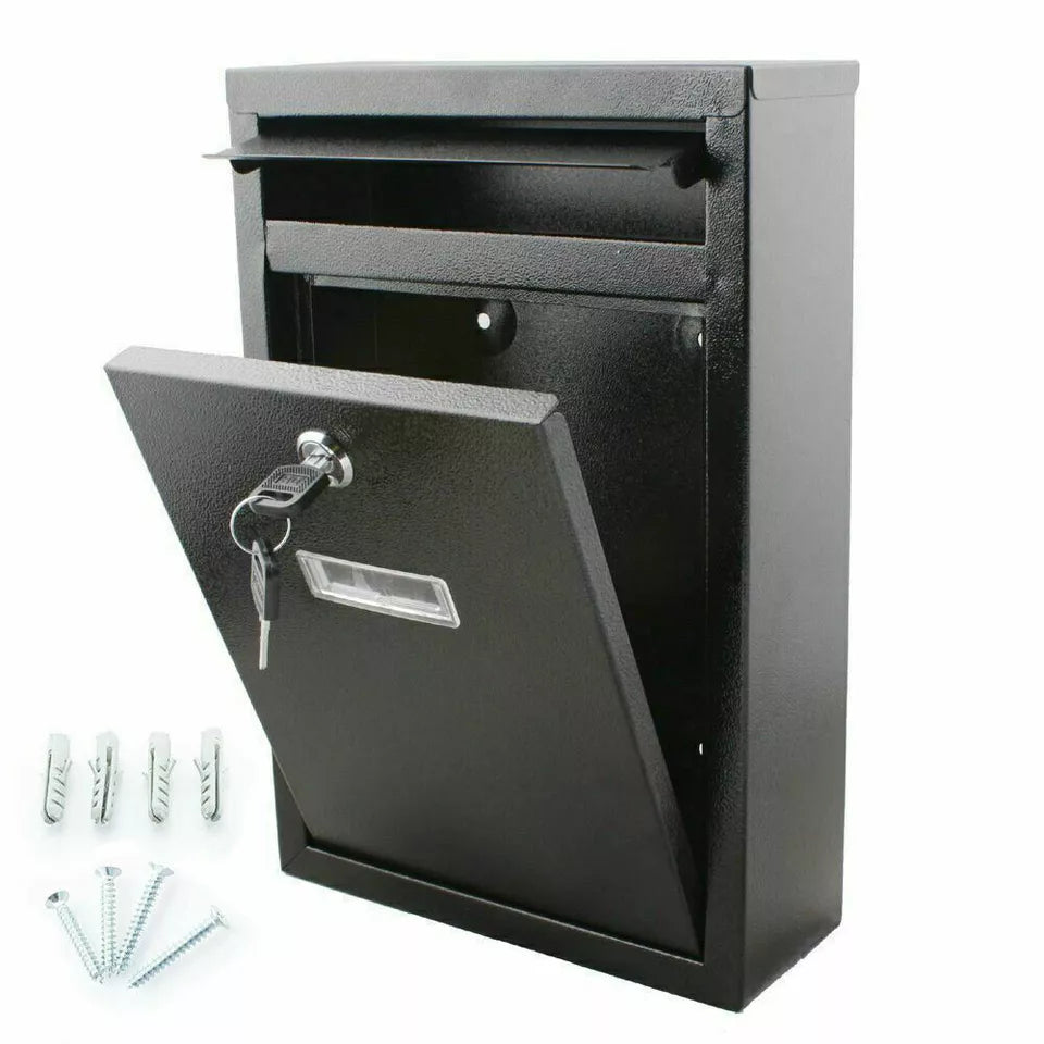 Wall Mounted Mail Letter Box Lockable Black Steel Post Mailbox Large Postbox