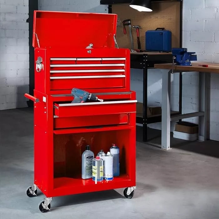 Tool Cart & Chest Combo Set 10 Compartments Trolley Lockable Case On Wheels