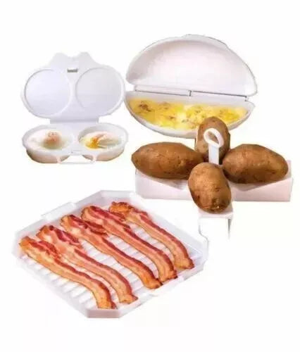 4x Microwave Breakfast Cooking Set Egg Poacher Bacon Potato Omelette Maker