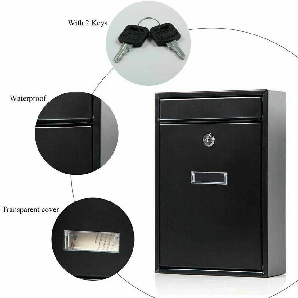 Wall Mounted Mail Letter Box Lockable Black Steel Post Mailbox Large Postbox