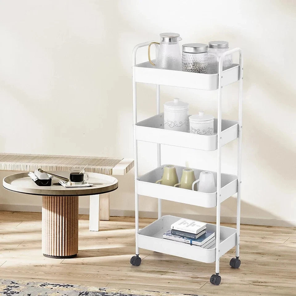 Metal 4 Tier Storage Trolley Rolling White Rack Bathroom Kitchen Organiser Shelf