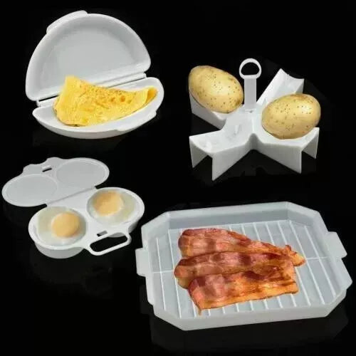 4x Microwave Breakfast Cooking Set Egg Poacher Bacon Potato Omelette Maker