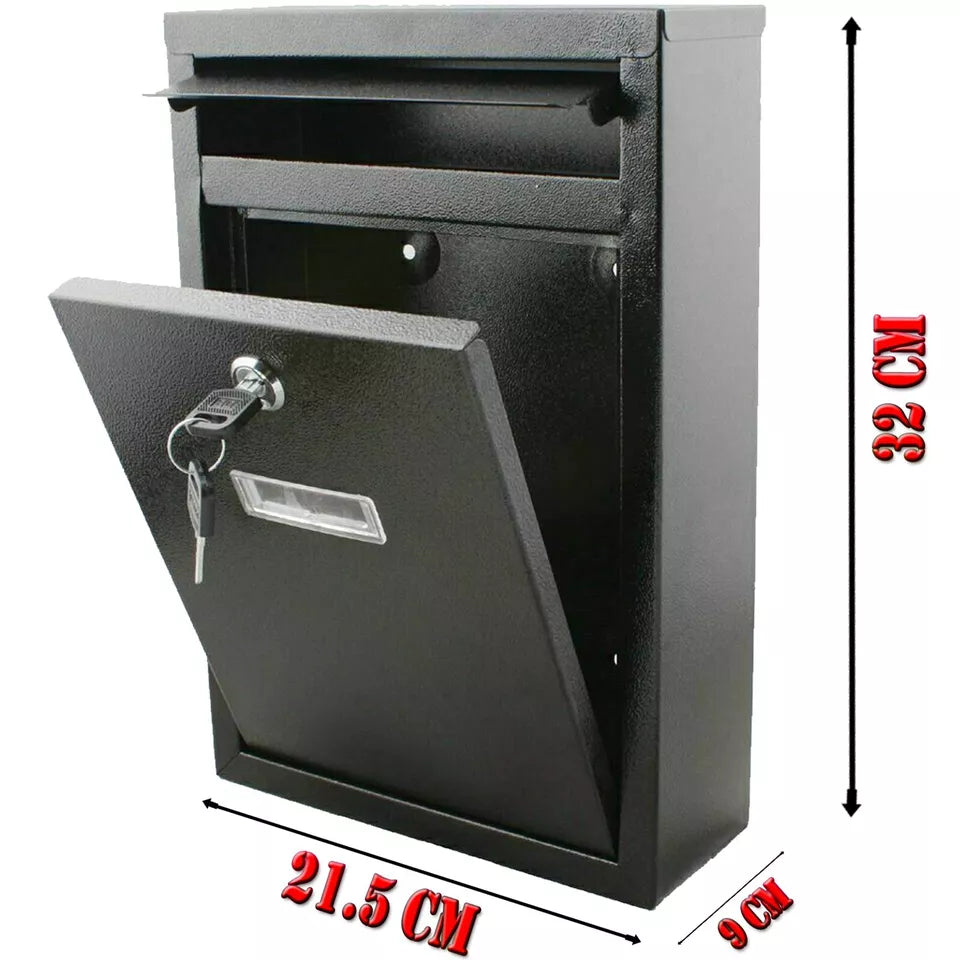 Wall Mounted Mail Letter Box Lockable Black Steel Post Mailbox Large Postbox