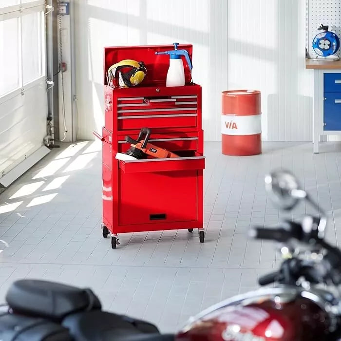 Tool Cart & Chest Combo Set 10 Compartments Trolley Lockable Case On Wheels