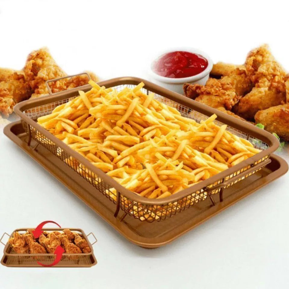2 Pcs Copper Crisper Non-Stick Oven Mesh Baking Tray Chips Crisp Basket Tool Pan