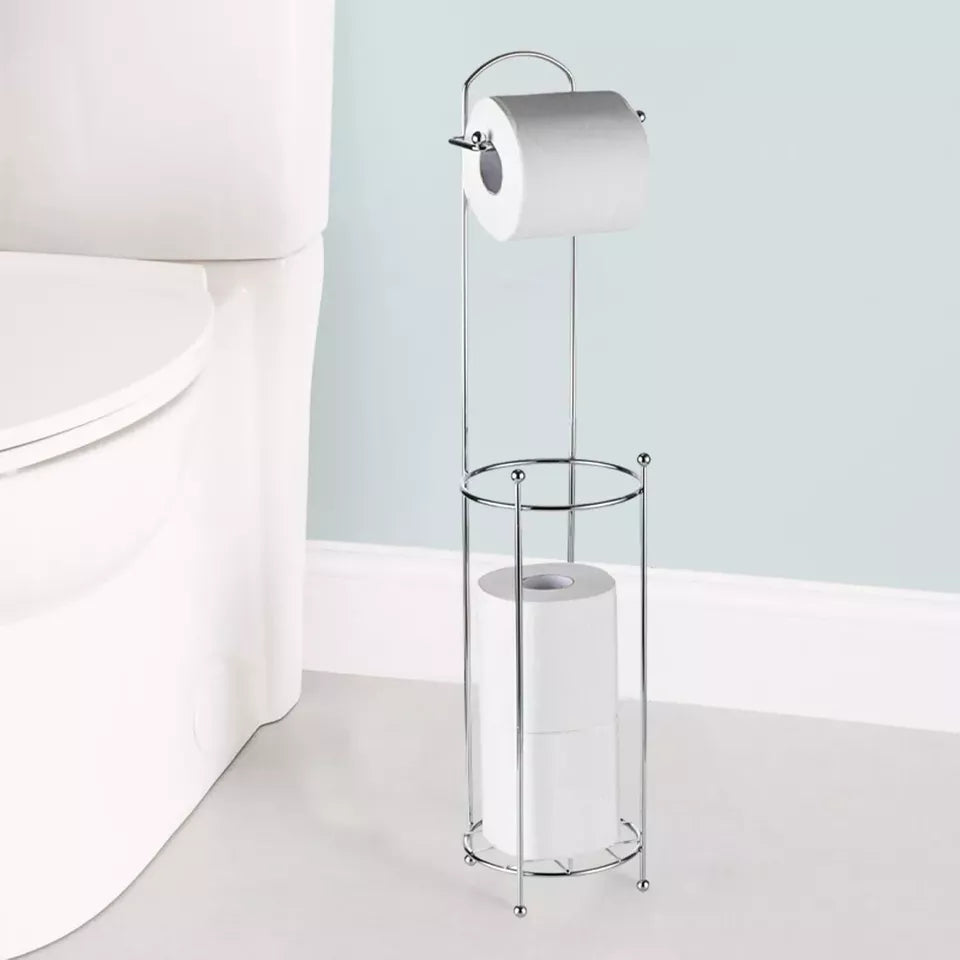 Chrome Tissue Holder Free Standing Toilet Paper Roll Holder Wire Frame Modern
