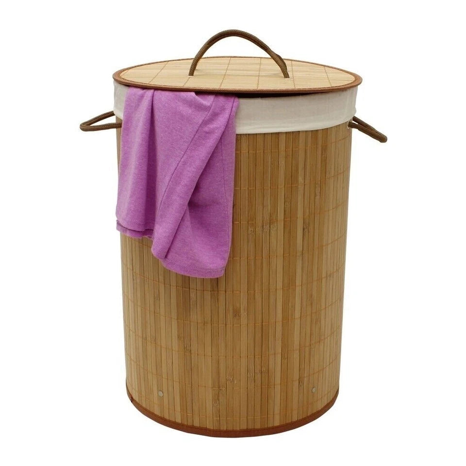 85L Eco Friendly Round Bamboo Wooden Laundry Basket with Lid and Cloth Liner