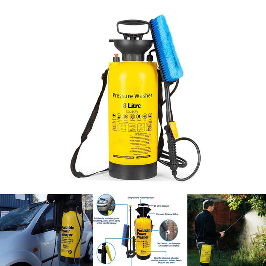 8L Portable Pressure Washer Hand Pump Jet Car Water Garden Brush Spray Cleaner