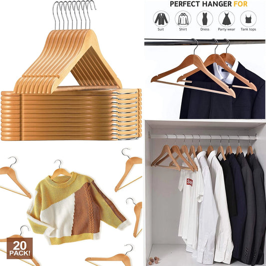 20 X NATURAL WOODEN HANGERS COAT SUIT GARMENT CLOTHES WARDROBE WOOD HANGER