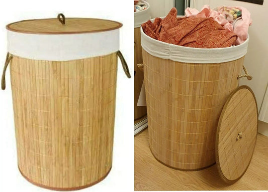 85L Eco Friendly Round Bamboo Wooden Laundry Basket with Lid and Cloth Liner