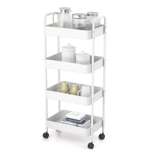 Metal 4 Tier Storage Trolley Rolling White Rack Bathroom Kitchen Organiser Shelf