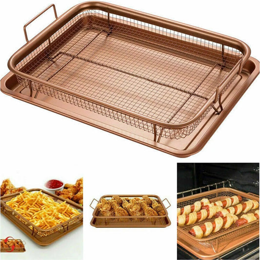 2 Pcs Copper Crisper Non-Stick Oven Mesh Baking Tray Chips Crisp Basket Tool Pan