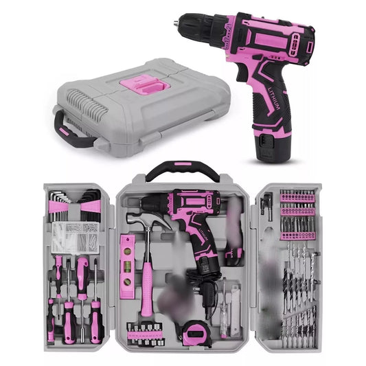219-Piece Pink Home Tool Kit with 12V Cordless Drill Complete DIY Repair Set