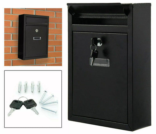Wall Mounted Mail Letter Box Lockable Black Steel Post Mailbox Large Postbox