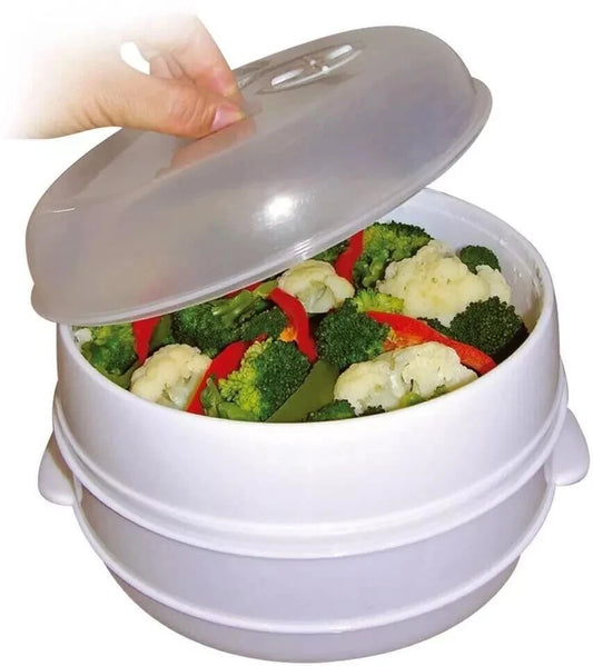 2Tier Microwave Steamer Vegetable Cooker Healthy Pasta Rice Fish Cooking Pot Pan