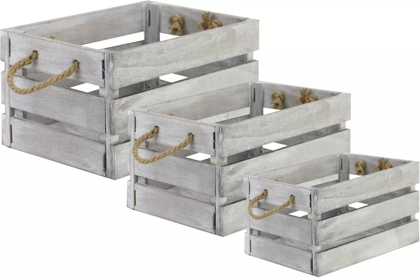 Wooden Storage Crates Set of 3 Bushel Box With Rope Handles Grey Vintage Basket