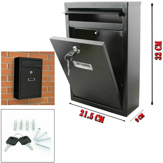 Wall Mounted Mail Letter Box Lockable Black Steel Post Mailbox Large Postbox