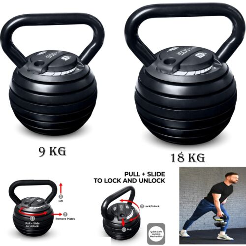 Adjustable Kettlebell Weight Set Exercise Home Gym Fitness Workout 9Kg & 18Kg