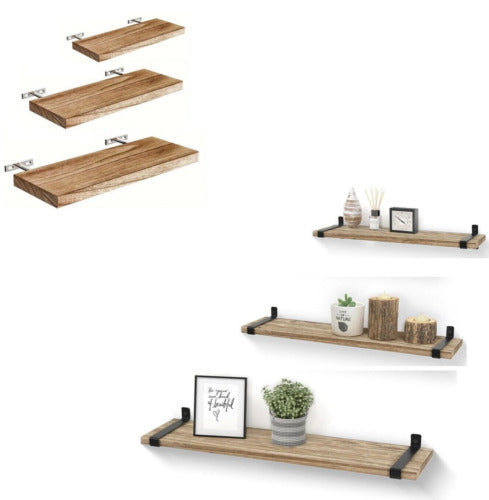 Floating Shelve Set Of 3 Wall Mounted Paulownia Wood Shelf Unit Display Rack