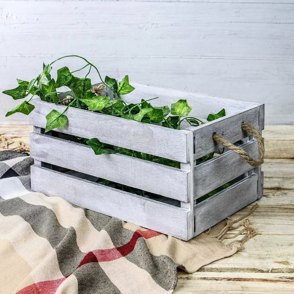 Wooden Storage Crates Set of 3 Bushel Box With Rope Handles Grey Vintage Basket