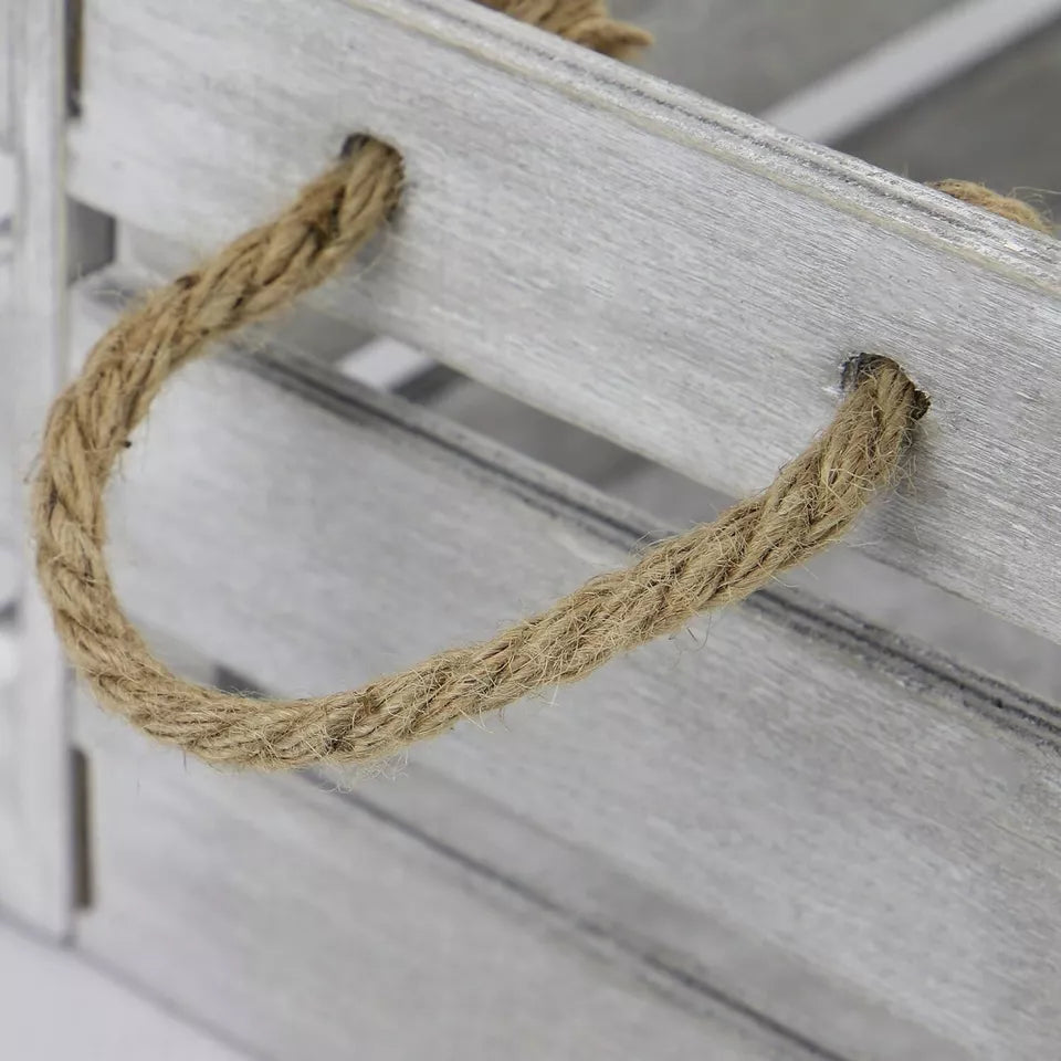 Wooden Storage Crates Set of 3 Bushel Box With Rope Handles Grey Vintage Basket
