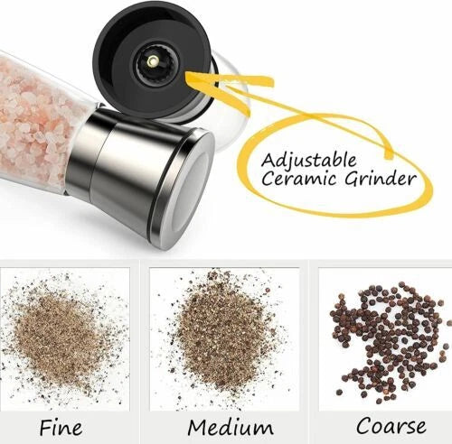 Large Salt & Pepper Grinder Set Adjustable Stainless Steel Glass Coarse Mills