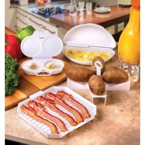 4x Microwave Breakfast Cooking Set Egg Poacher Bacon Potato Omelette Maker