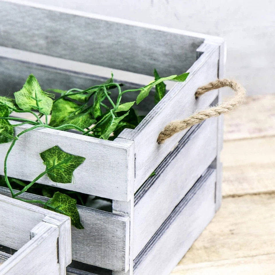 Wooden Storage Crates Set of 3 Bushel Box With Rope Handles Grey Vintage Basket