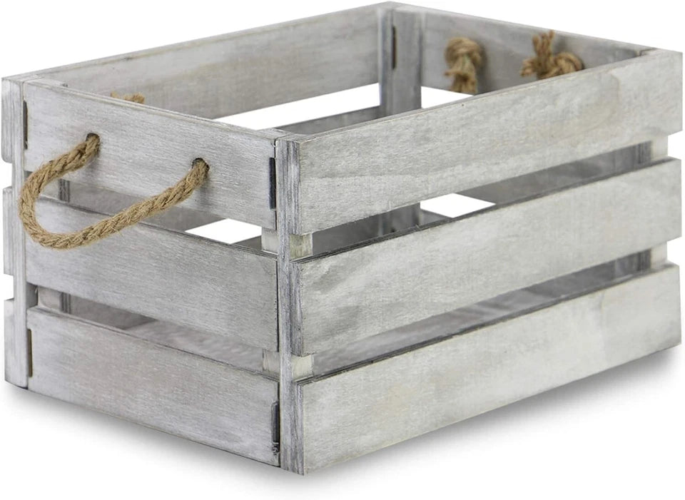 Wooden Storage Crates Set of 3 Bushel Box With Rope Handles Grey Vintage Basket