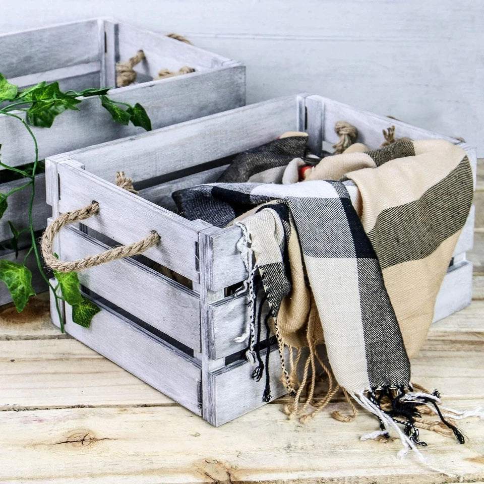 Wooden Storage Crates Set of 3 Bushel Box With Rope Handles Grey Vintage Basket