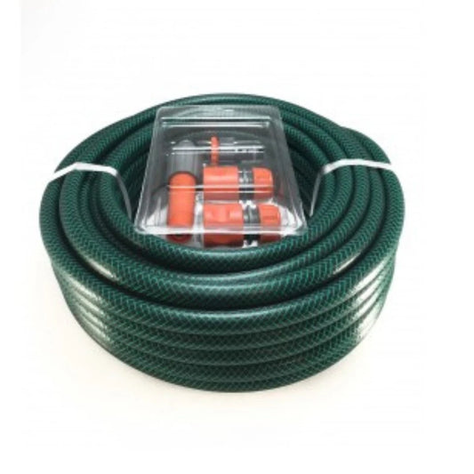 15M Garden Hose Pipe PVC Water Spray Reinforced Hosepipe + Fittings