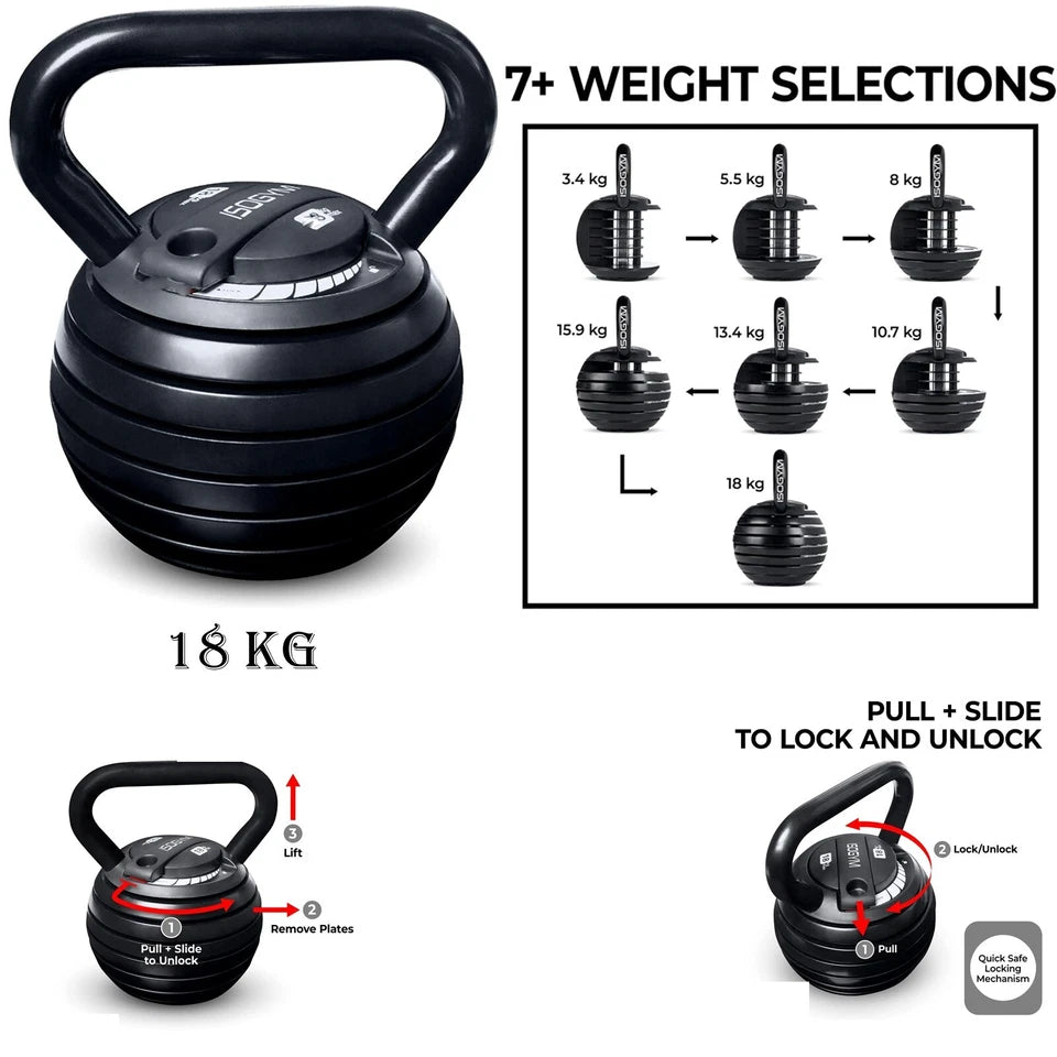 Adjustable Kettlebell Weight Set Exercise Home Gym Fitness Workout 9Kg & 18Kg
