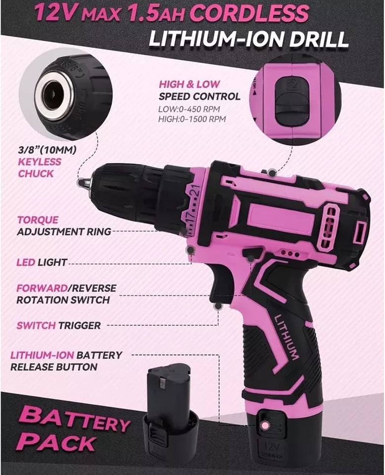 219-Piece Pink Home Tool Kit with 12V Cordless Drill Complete DIY Repair Set